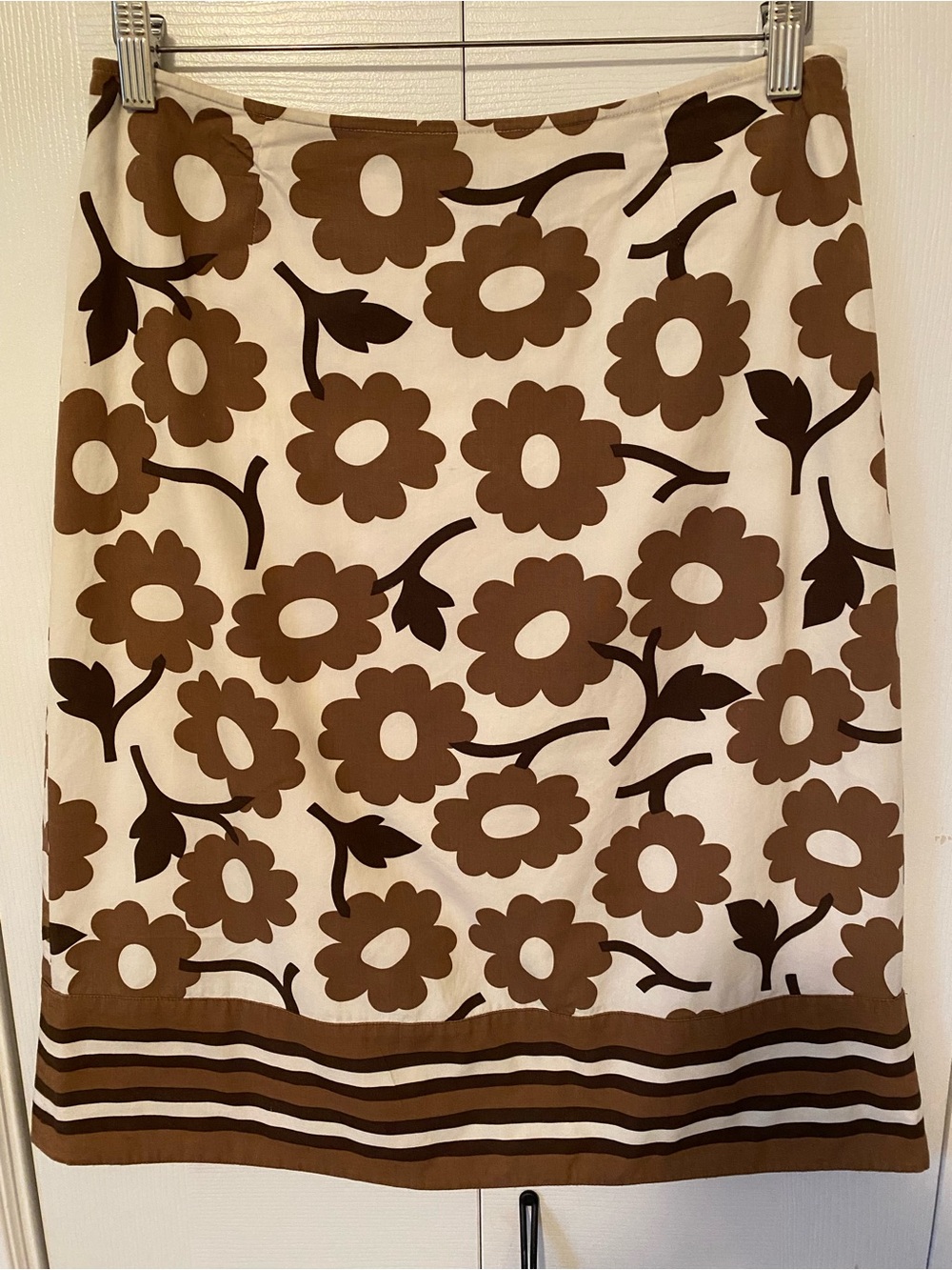 Boden Retro Print 100% cotton A-line skirt Brown Cream Floral lined Size 10 L